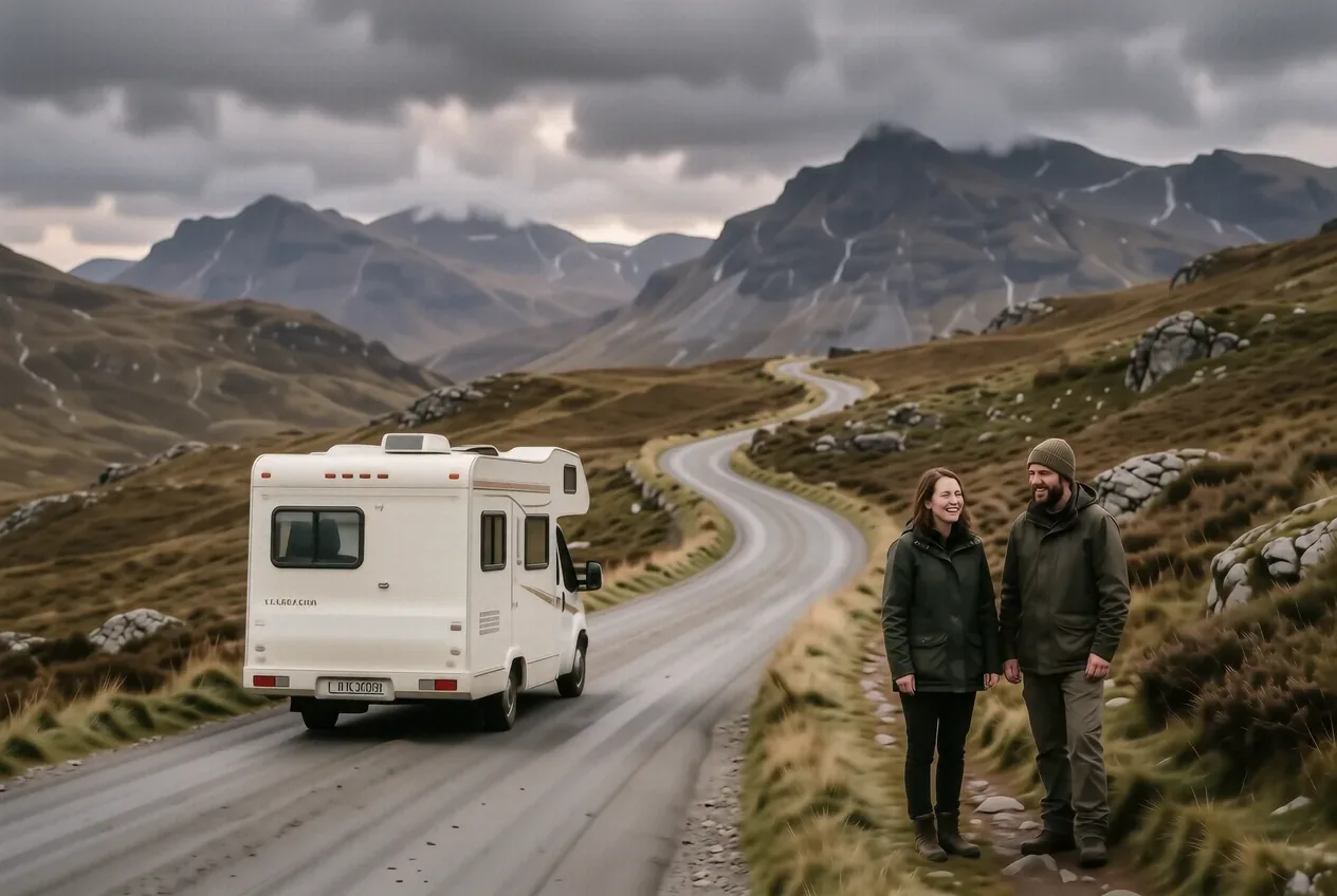Wohnmobil auf der NC500 bei Applecross mit Bealach-na-Bà-Pass und nebligen Bergen im Hintergrund