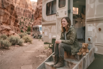 Kinder-Wellies vor Wohnmobil-Eingang auf KOA-Campingplatz in Utah mit Felsformationen im Hintergrund