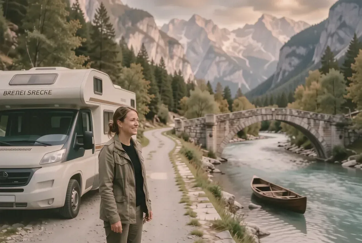 Wohnmobil an einem Stellplatz am türkisfarbenen Soča-Fluss mit Steinbrücke und Kanu im Hintergrund