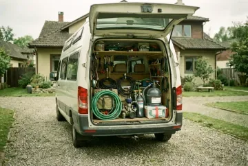 Geöffneter Stauraum eines Wohnmobils mit Werkzeug und Camping-Ausrüstung