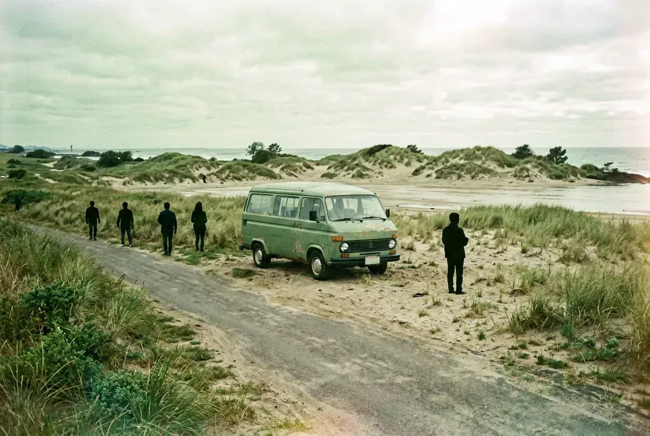 Polnische Ostseestraße mit einzelnem Westfalia an sandigem Halt vor Strand und Grasdünen