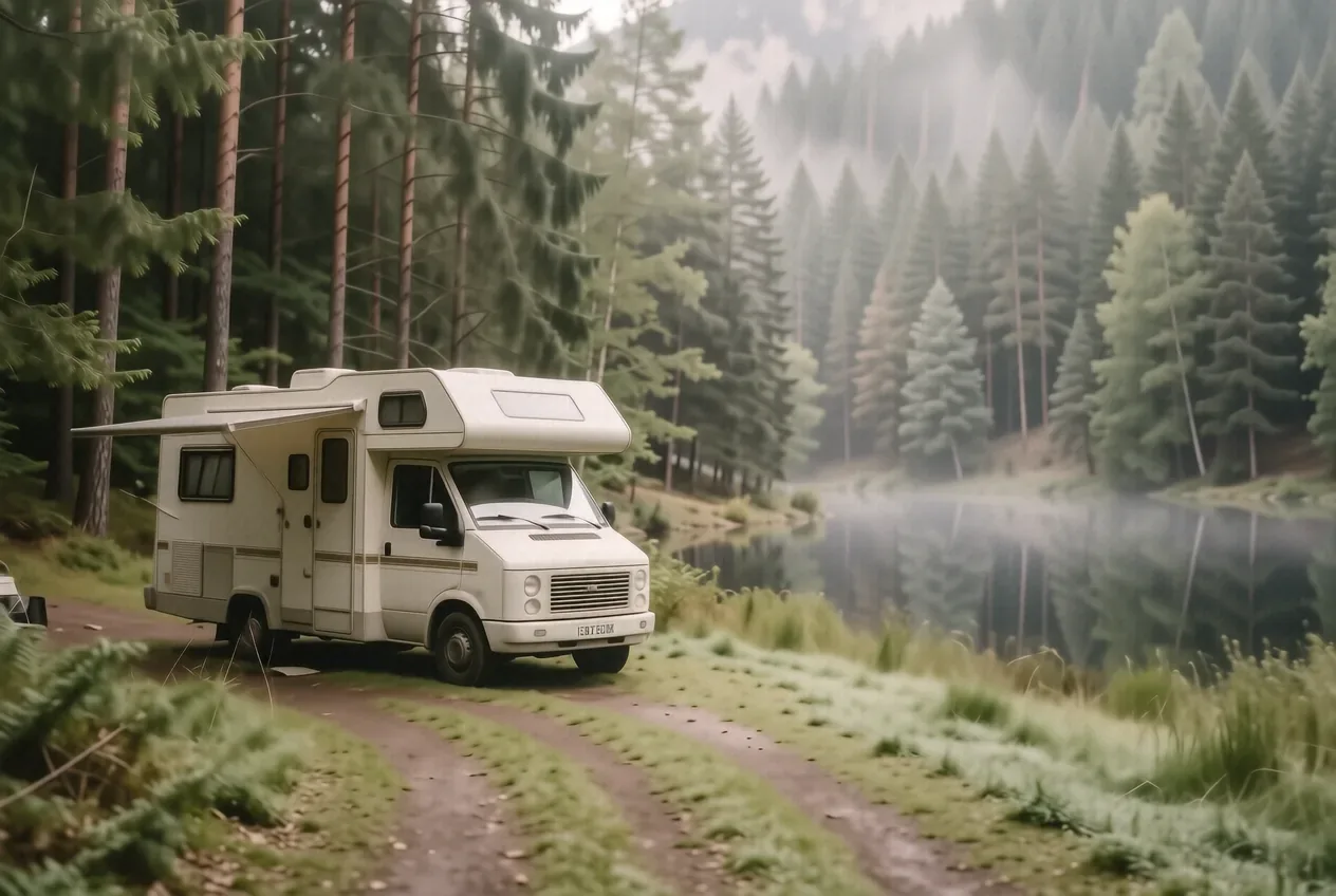 Wohnmobil auf Stellplatz am Titisee mit dunklem Nadelwald am gegenüberliegenden Ufer und Nebel über dem Wasser