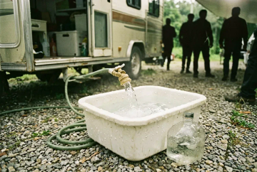Frischwasser-Einfüllstutzen am Wohnmobil mit Lebensmittel-Schlauch und Wassertropfen