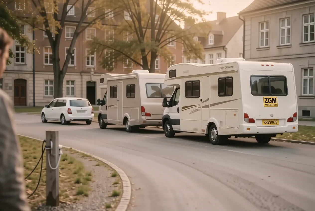 Wohnwagen und Wohnmobil nebeneinander auf einem deutschen Stellplatz mit Anhängerkupplung im Vordergrund