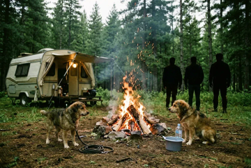 Lagerfeuer am Wohnwagen-Vorzelt am Abend mit Hundeleine und Wassernapf am Boden