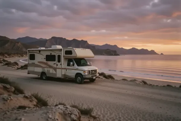 RV-Silhouette am Strand bei Loreto in Baja California Sur mit goldenem Sonnenuntergang über dem Golf von Kalifornien