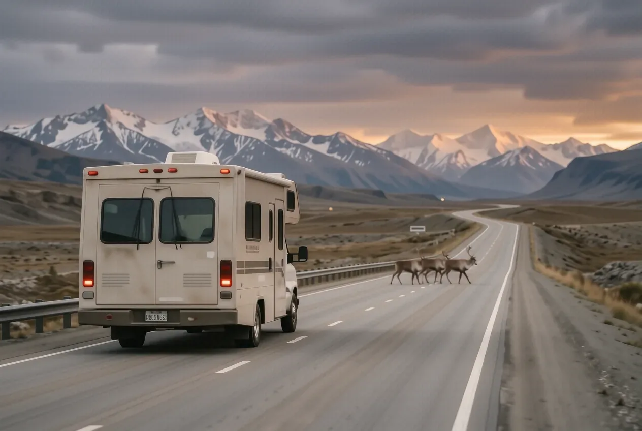 RV auf der George Parks Highway nahe Denali-Nationalpark mit schneebedeckten Bergen und Karibu-Herde im Hintergrund