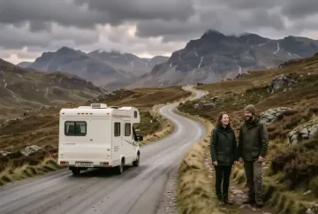 Wohnmobil auf der NC500 bei Applecross mit Bealach-na-Bà-Pass und nebligen Bergen im Hintergrund