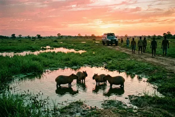 Pantanal-Feuchtgebiet bei Sonnenuntergang mit 4x4-Camper auf Schotterpiste und Capybara-Silhouetten