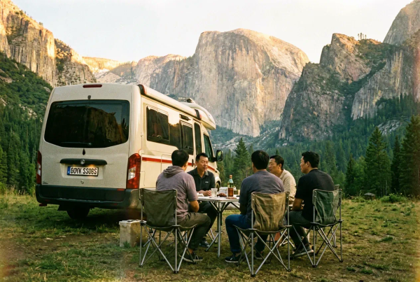 Wohnmobil mit deutschem Kennzeichen am Aussichtspunkt im Yosemite Nationalpark im Goldenen Licht