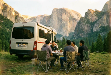 Wohnmobil mit deutschem Kennzeichen am Aussichtspunkt im Yosemite Nationalpark im Goldenen Licht