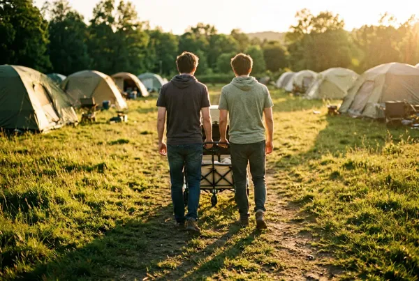 Junge Familie schiebt einen kleinen Wohnwagen aufs Feld zur ersten Tour