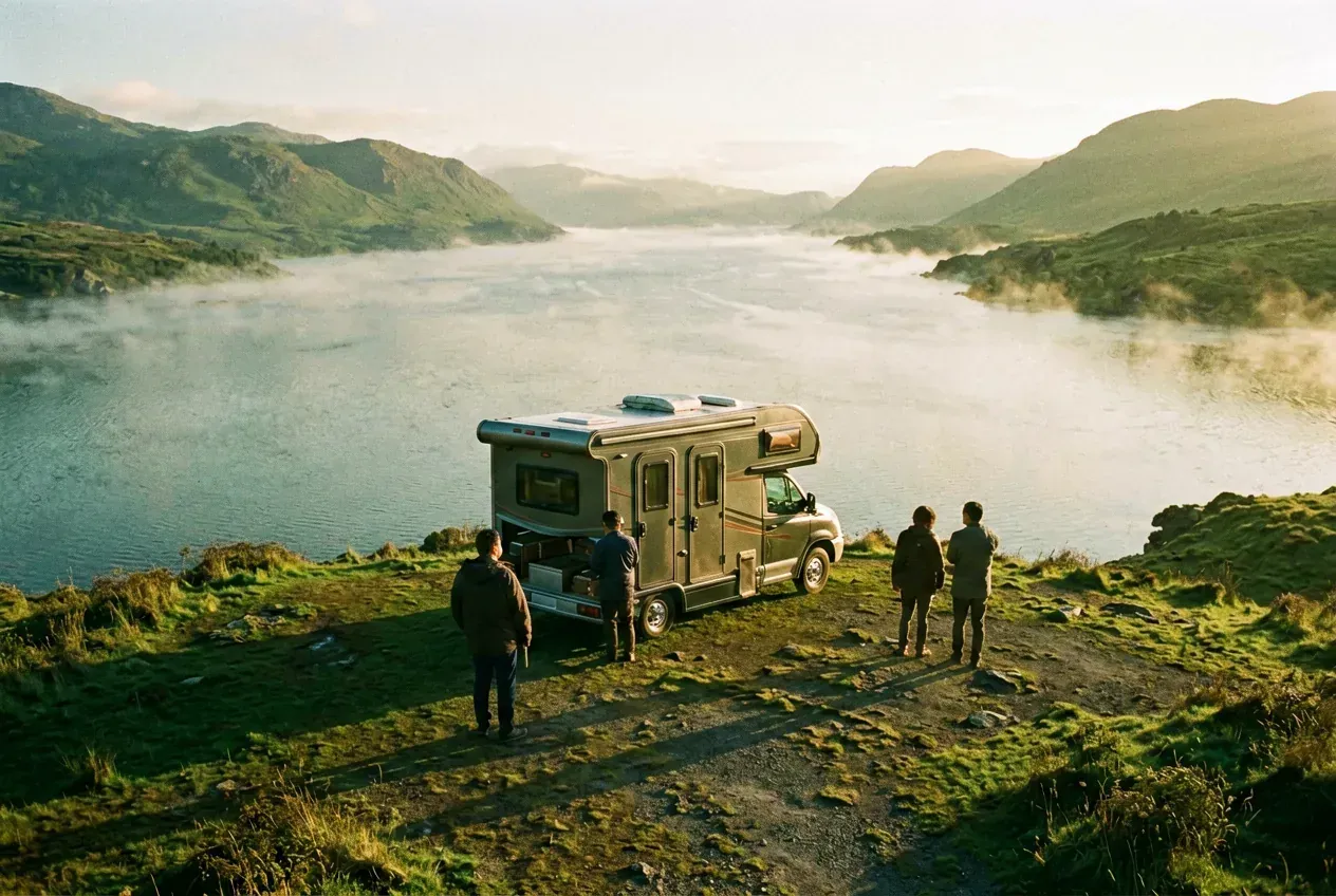 Wohnmobil auf einer einsamen Anhöhe in Schottland bei Sonnenaufgang