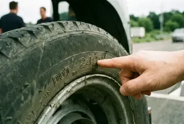 Nahaufnahme eines Wohnwagen-Reifens mit sichtbarem DOT-Code