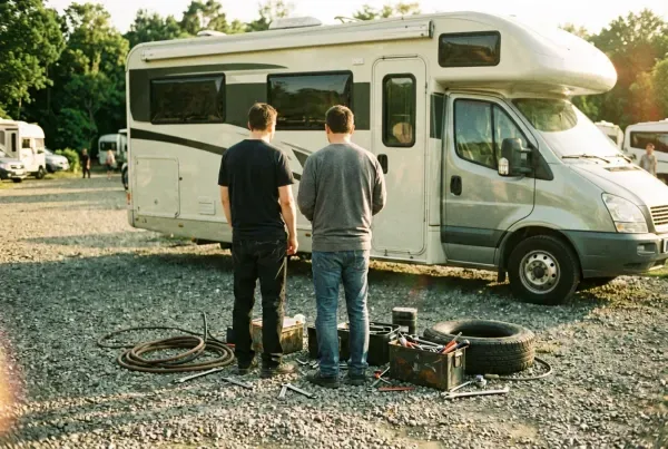 Wohnmobil-Werkzeugkoffer offen auf Stellplatz mit Ersatzschläuchen und Reifenset