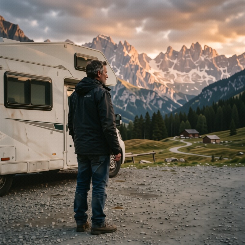 Stefan Brenner — Silhouette am Wohnmobil-Stellplatz in den Alpen bei Sonnenuntergang